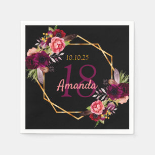 Birthday black burgundy floral gold geometric napkin