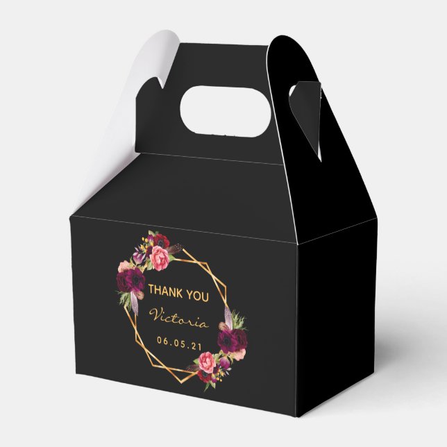 Birthday black burgundy florals gold geometric favour box (Back Side)
