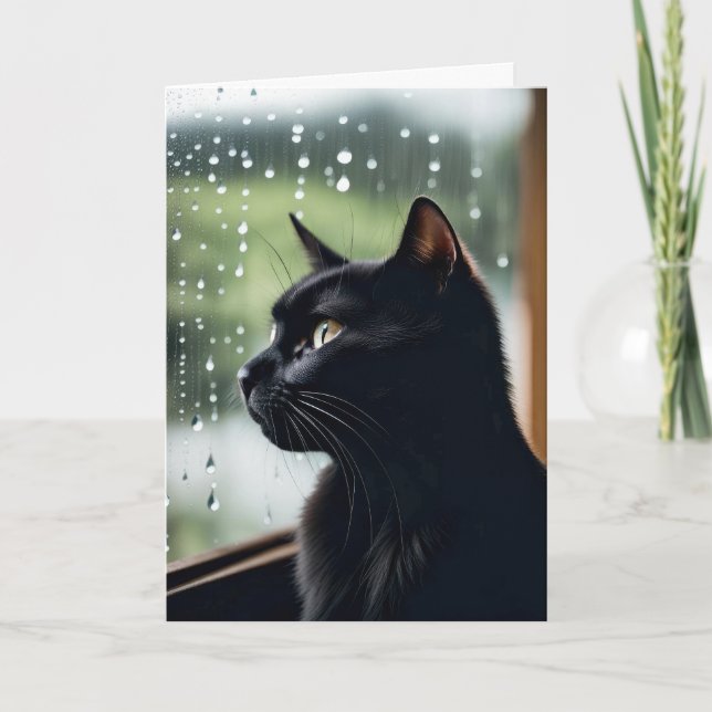 Birthday Black Cat In Rainy Window Card (Front)