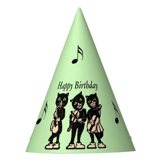 Birthday Black Cat Music Band Black Music Notes Party Hat (Front)