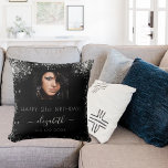 Birthday black custom photo silver glitter name cushion<br><div class="desc">A gift for a girly and glamourous 21st (or any age) birthday. A stylish black background with faux glitter dust. Personalise and add your own high quality photo of the birthday girl. The text: The name is written in white with a modern hand lettered style script with swashes.To keep the...</div>