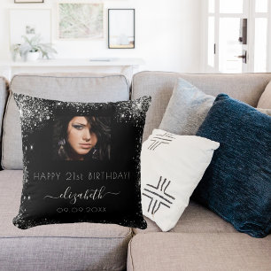 Birthday black custom photo silver glitter name cushion