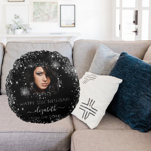 Birthday black custom photo silver glitter name  round cushion
