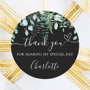 Birthday black eucalyptus greenery thank you classic round sticker
