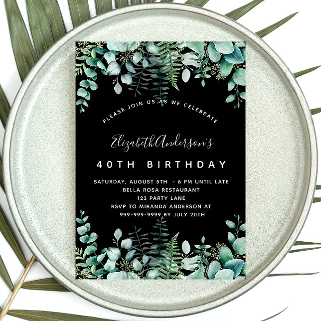 Birthday black eucalyptus greenery woodland invitation (Creator Uploaded)