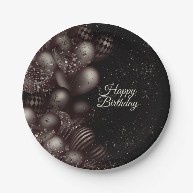 Birthday Black Glitter Balloons Sparkle Party Paper Plate (Front)