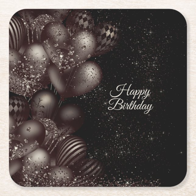 Birthday Black Glitter Balloons Sparkle Party Square Paper Coaster (Front)