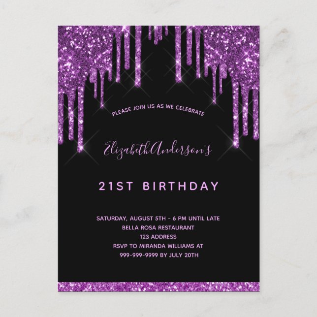Birthday black glitter drips purple invitation postcard (Front)