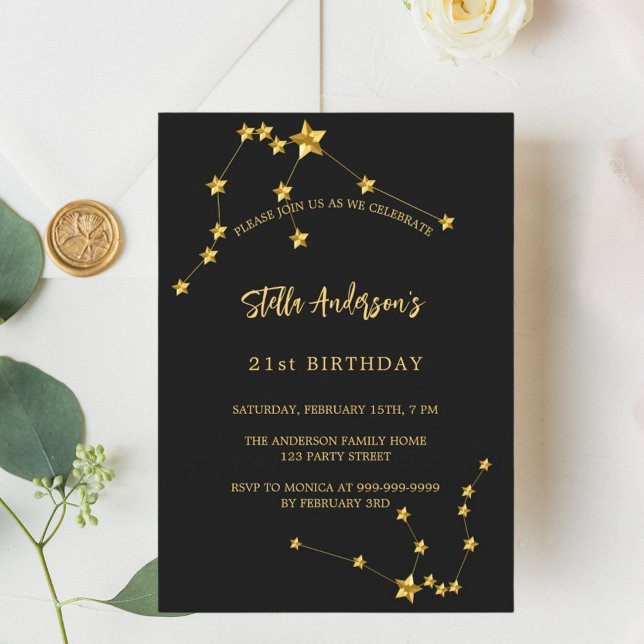 Birthday black gold Aquarius star constellation Invitation (Creator Uploaded)