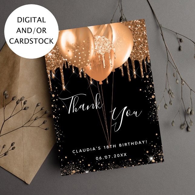 Birthday black gold balloons thank you card (Creator Uploaded)