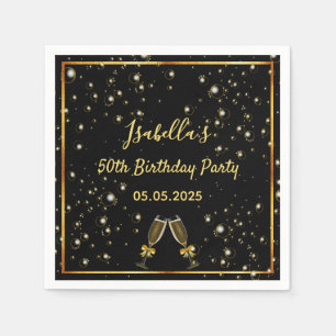 Birthday black gold bubbles monogram name napkin