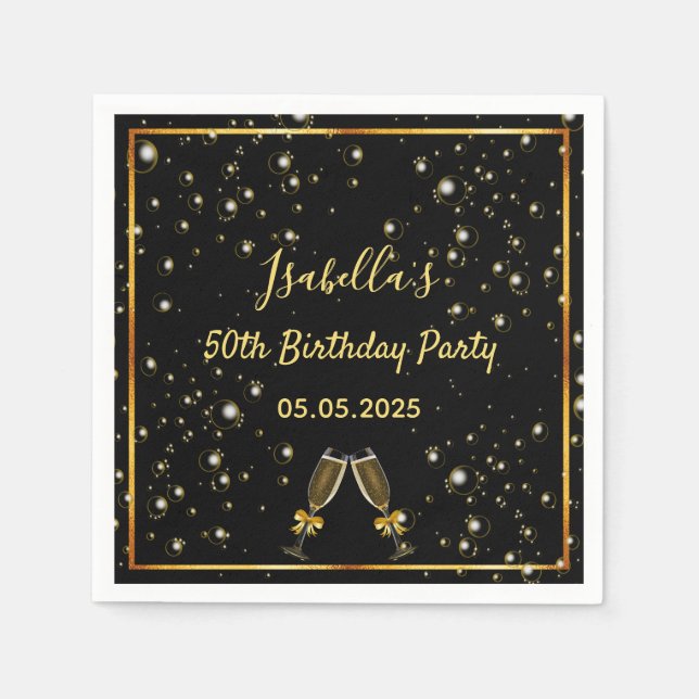 Birthday black gold bubbles monogram name napkin (Front)