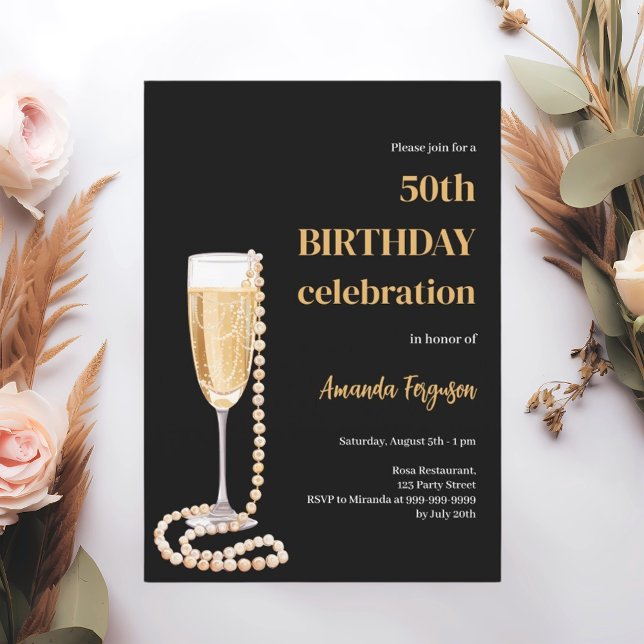 Birthday black gold bubbly wine pearls invitation (Creator Uploaded)