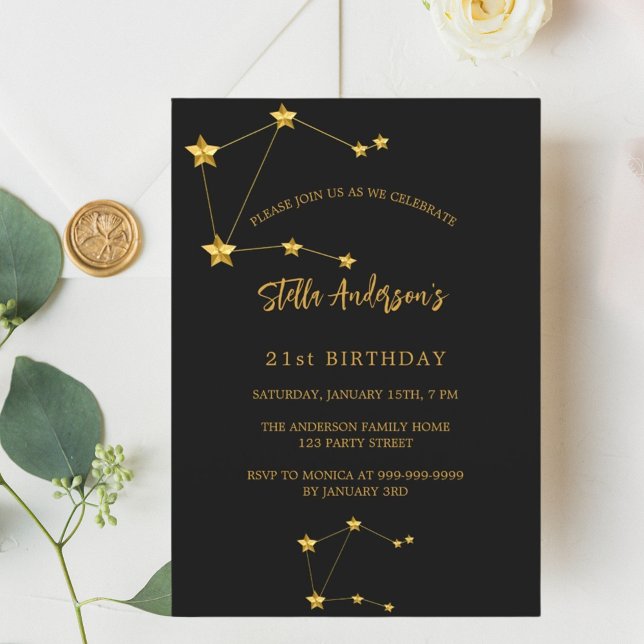 Birthday black gold Capricorn star constellation Invitation (Creator Uploaded)