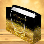 Birthday black gold classic elegant monogram name large gift bag<br><div class="desc">Elegant,  classic,  glamourous and feminine style party gift bag.  A gold coloured ribbon and bow with golden glitter and sparkle,  a bit of bling and luxury for a birthday.  Black background. With the text: Happy 80th Birthday!</div>