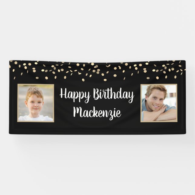 Birthday Black Gold Confetti 2 Photo Script Banner (Horizontal)