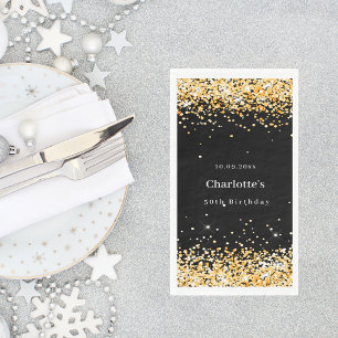 Birthday black gold confetti name napkin