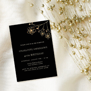 Birthday black gold floral minimalist elegant invitation