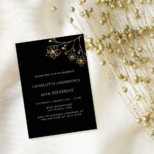Birthday black gold floral minimalist luxury invitation