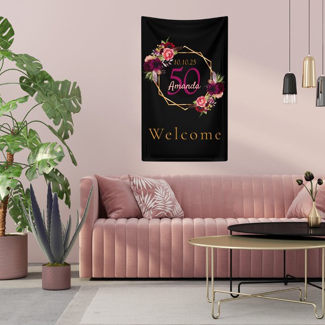 Birthday black gold geometric florals burgundy banner (Creator Uploaded)