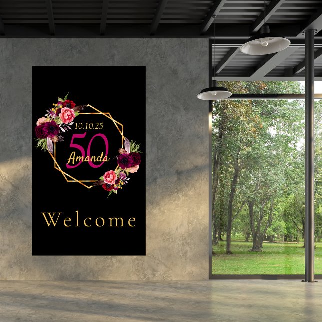 Birthday black gold geometric florals burgundy  poster (Creator Uploaded)