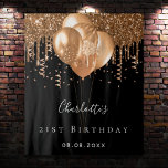 Birthday black gold glitter balloons monogram tapestry<br><div class="desc">For an elegant 21st (or any age) birthday party. A classic black background. Decorated with dark faux gold glitter drips, paint dripping look, confetti and balloons. Personalise and add a name, text/age and a date. Can be used as a welcome banner, wall decor for the party or as a photo...</div>