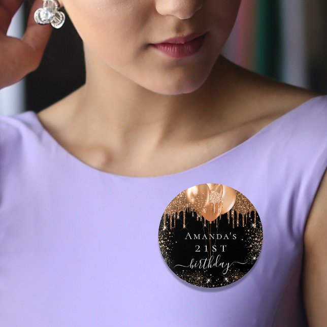 Birthday black gold glitter balloons name 3 cm round badge (Creator Uploaded)