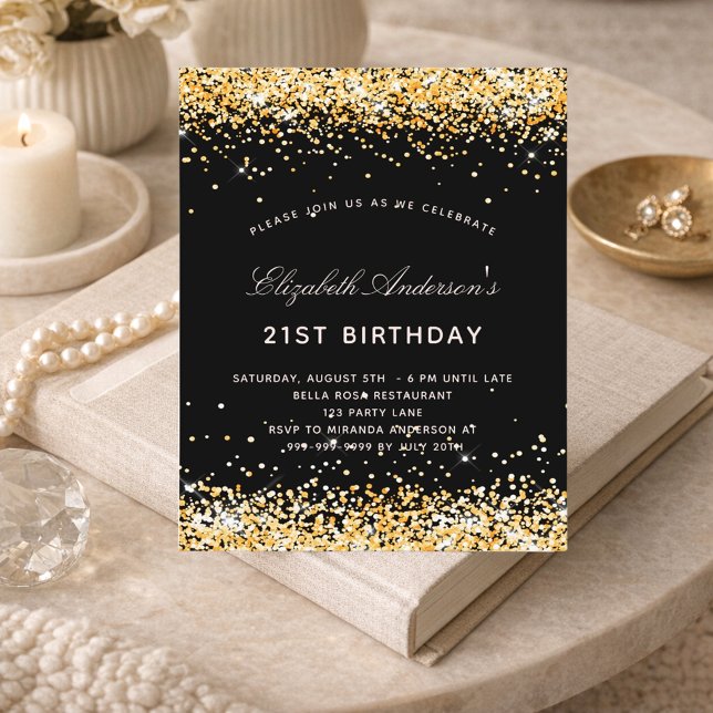 Birthday black gold glitter budget invitation flyer (Creator Uploaded)