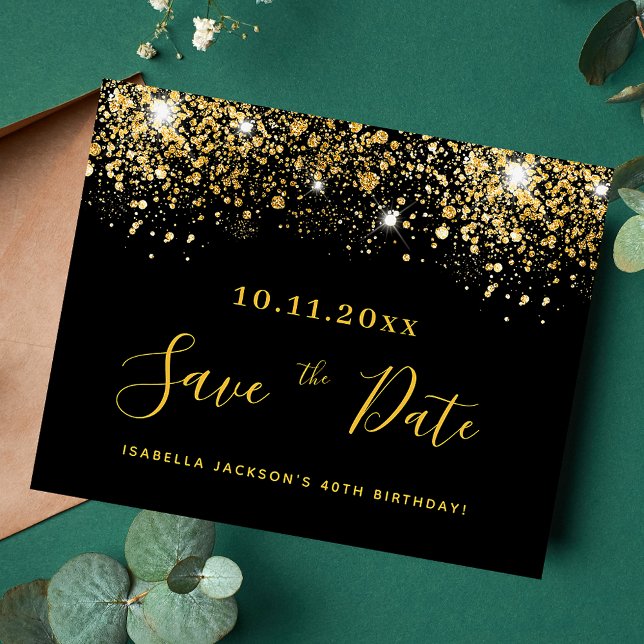 Birthday black gold glitter budget save the date (Creator Uploaded)