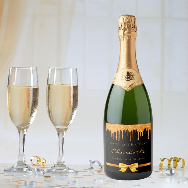 Birthday black gold glitter drip monogram name sparkling wine label (Creator Uploaded)