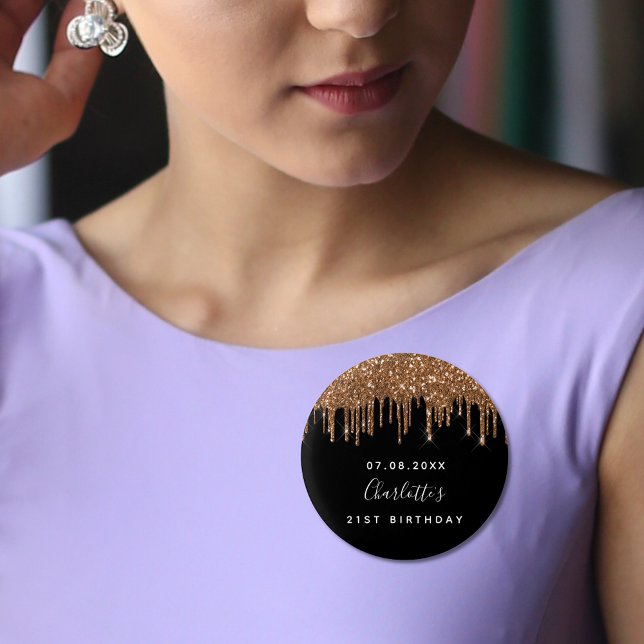 Birthday black gold glitter drips custom monogram  3 cm round badge (Creator Uploaded)
