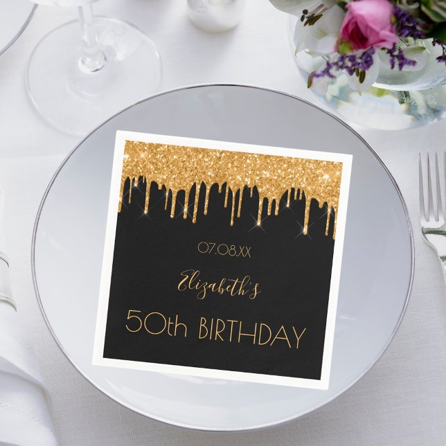 Birthday black gold glitter drips name napkin (Creator Uploaded)
