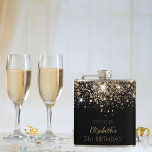 Birthday black gold glitter dust friends hip flask<br><div class="desc">A gift for a girly and glamourous 21st (or any age) birthday party. A stylish black background with elegant faux gold glitter dust. The text: The name is written in golden with a modern hand lettered style script. Personalise and add a name, age 21 and a date. Add your own...</div>