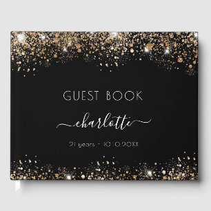 Birthday black gold glitter dust monogram name guest book