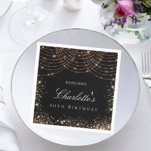 Birthday black gold glitter dust name elegant glam napkin