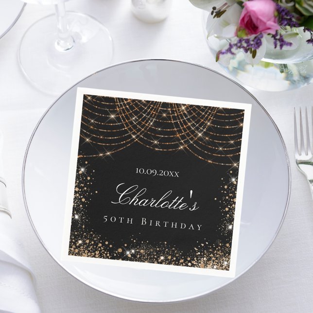 Birthday black gold glitter dust name elegant glam napkin (Creator Uploaded)