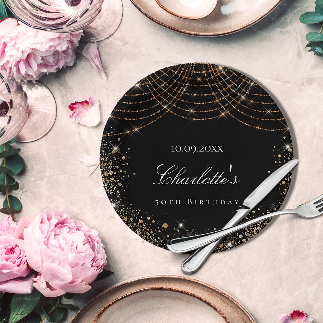 Birthday black gold glitter dust name elegant glam paper plate (Creator Uploaded)