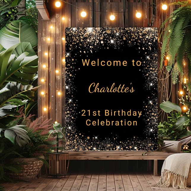 Birthday black gold glitter dust name glam welcome poster (Creator Uploaded)