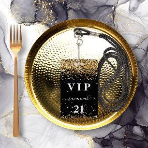 Birthday black gold glitter dust name vip ID badge