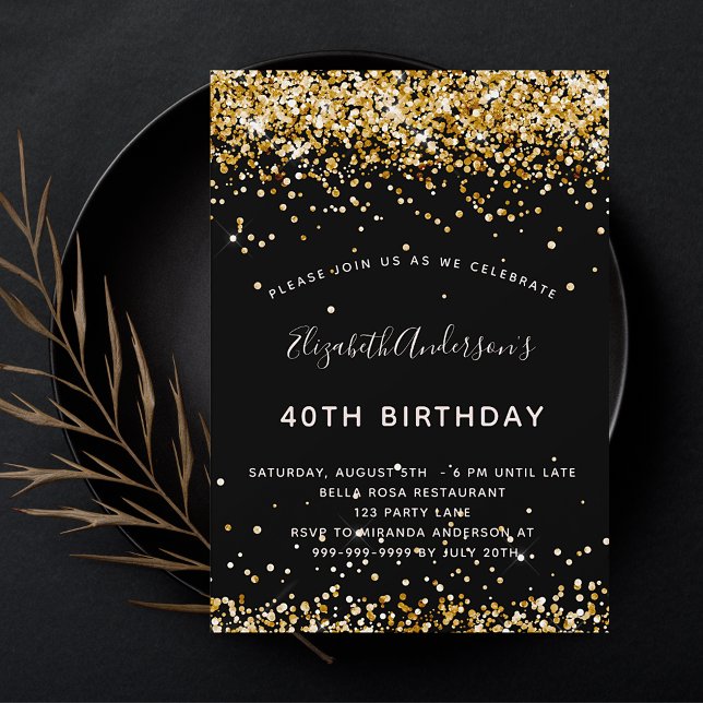 Birthday black gold glitter glamourous invitation (Creator Uploaded)