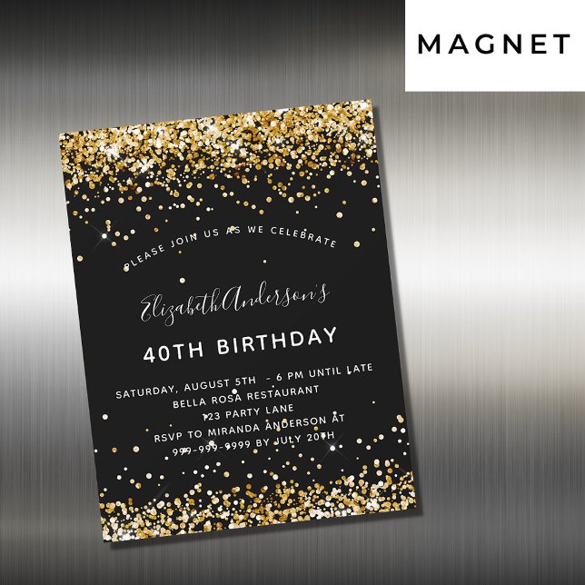 Birthday black gold glitter glamourous party magnetic invitation (Creator Uploaded)
