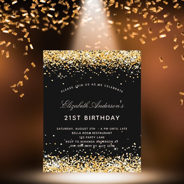 Birthday black gold glitter invitation (Creator Uploaded)