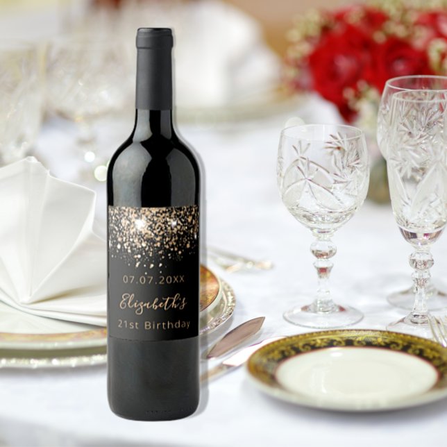 Birthday black gold glitter monogram chic wine label (Creator Uploaded)