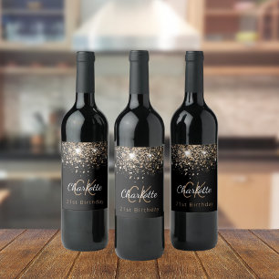 Birthday black gold glitter monogram initials wine label