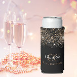 Birthday black gold glitter monogram name seltzer can cooler<br><div class="desc">For a girly and glamourous 21st (or any age) birthday party with the girls.  A chic black background with faux gold glitter spots. Personalise and add a name and monogram initials. The name is written in a golden colour with a modern hand lettered style script.  White and golden letters.</div>