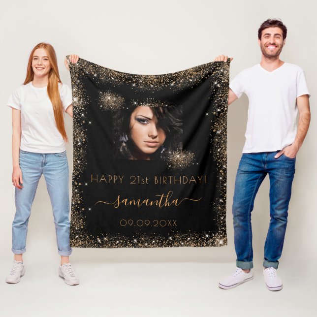Birthday black gold glitter monogram photo fleece blanket (In Situ)