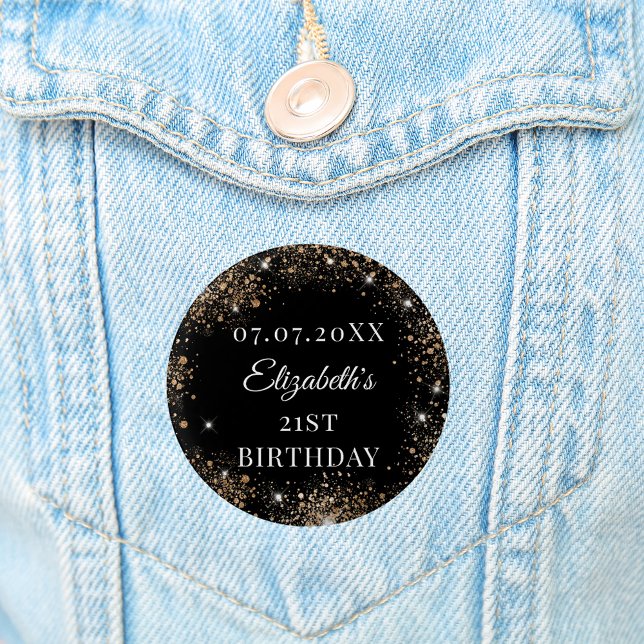Birthday black gold glitter name date 3 cm round badge (Creator Uploaded)