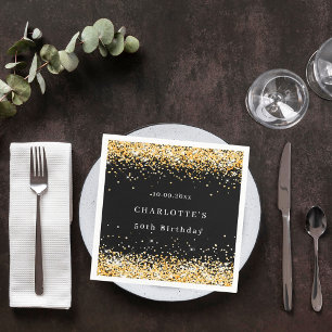 Birthday black gold glitter name elegant napkin
