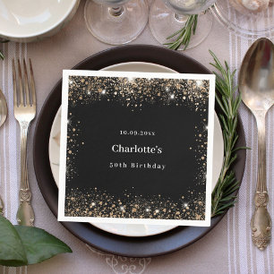 Birthday black gold glitter name napkin