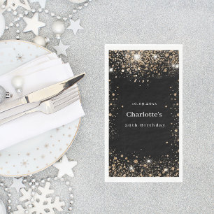 Birthday black gold glitter name napkin